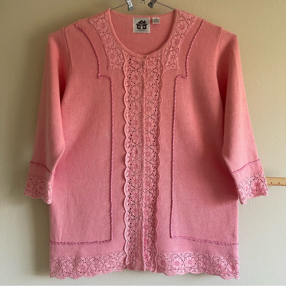 Storybook Knits Pink vintage button up beading ,Lace details Sweater cardigan 3X